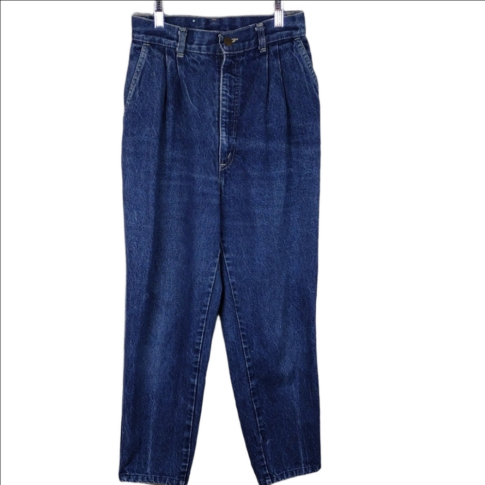 Chic Vintage Blue Dark Wash Pleated High Rise Zip Up Straight Tapered Leg Jean